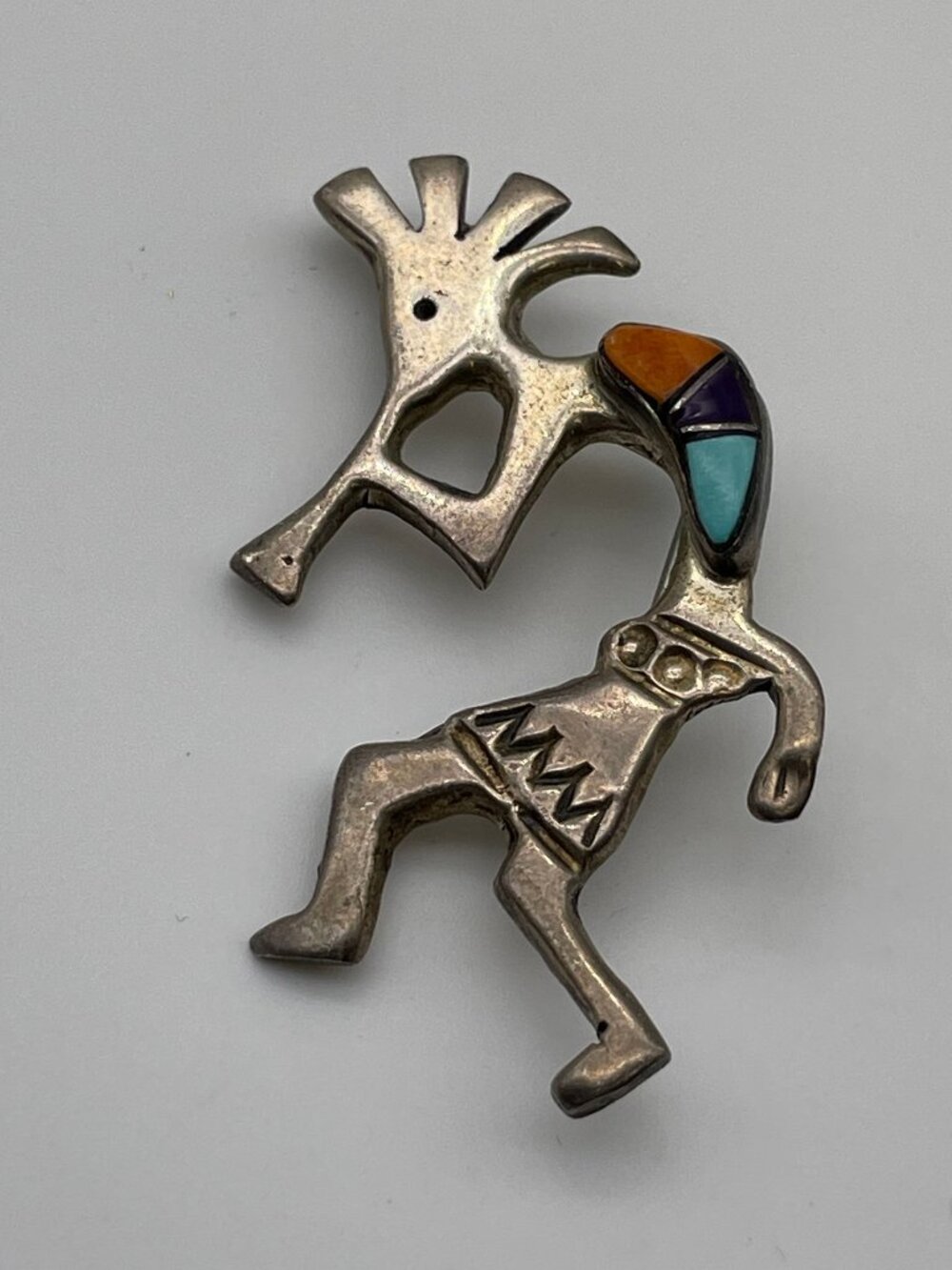 Kokopelli Brooch signed M Sterling silver Stone